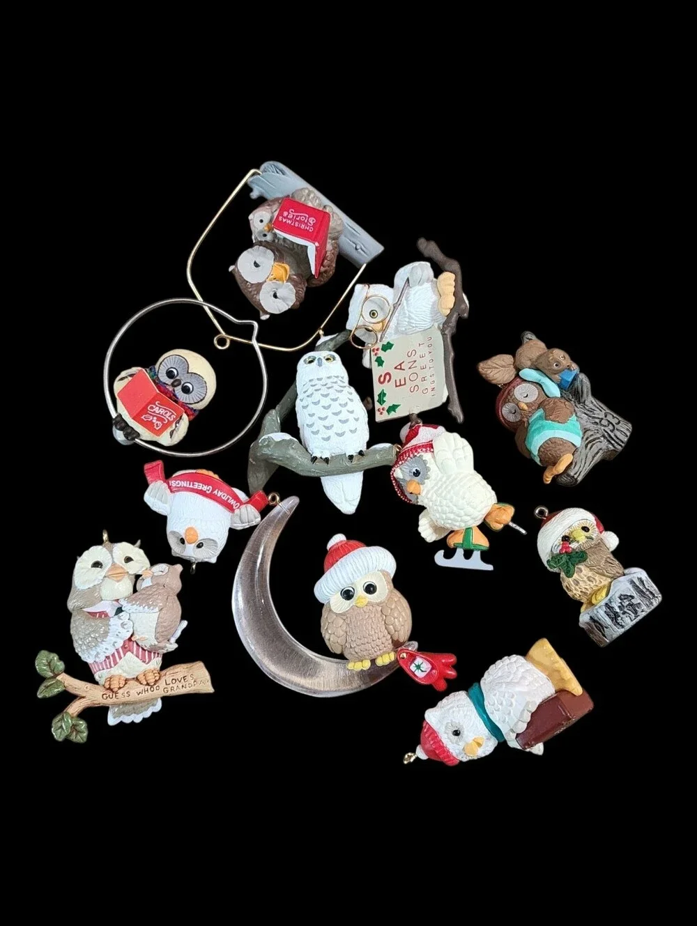 Hallmark Keepsake Vintage Owl Ornament Lot Of 11 80-90's Christmas Cresent Moon